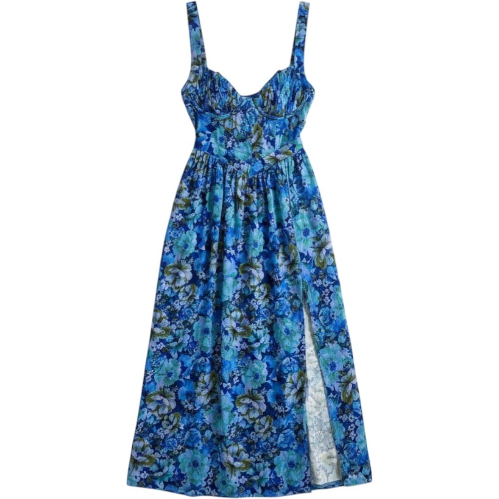 NWT For Love & Lemons Astor Blue Floral Midi Dress Corset open Back Slit Small